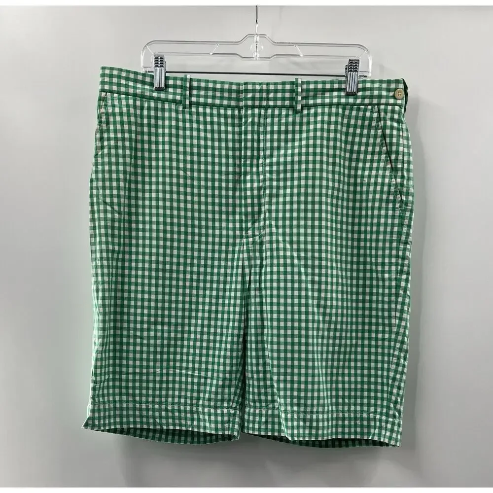 Polo Ralph Lauren Men’s Flat Front 100% Cotton Green White Check Shorts Size 36